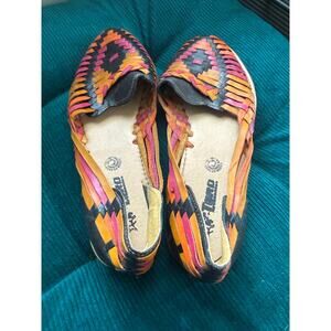 Women's Authentic Mexican Huarache Flats Leather Rainbow Slip On; Size 10